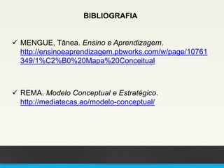 BIBLIOGRAFIA
 MENGUE, Tânea. Ensino e Aprendizagem.
http://ensinoeaprendizagem.pbworks.com/w/page/10761
349/1%C2%B0%20Mapa%20Conceitual
 REMA. Modelo Conceptual e Estratégico.
http://mediatecas.ao/modelo-conceptual/
 