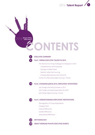 Talent Report2016 1
EXECUTIVE SUMMARY	
Part1 HIRING EXECUTIVE TALENT IN 2016
Part2 CHANGING JOB IN 2016: EMPLOYEES’ INTENTIONS
Part3 UNDERSTANDING EMPLOYEES’ MOTIVATIONS
METHODOLOGY
ABOUT MORGAN PHILIPS EXECUTIVE SEARCH	
The New Normal: Hiring Challenges for Employers in 2016
Competitiveness and Productivity			
Shortage of Skilled Talent
Selection rather than Sourcing
Company Attractiveness and Cultural Fit
Human Plus Recruiting: Digital Sourcing + Human
Job Changes and Salary Increases in 2015
Job Changes and Salary Expectations for 2016
Job Finding: Digital Sourcing + Human
Demographics of Survey Respondents
Change Drivers					
Cultural Differences					
Gender Differences					
Generational Differences
Morgan Philips
Talent Report2016
2
4
10
15
23
24
 