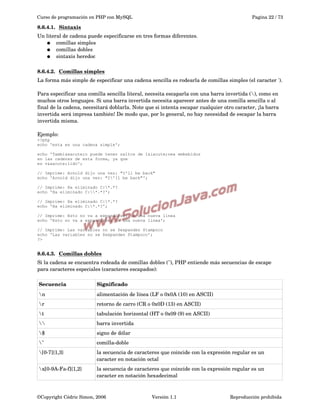 Curso de programación en PHP con MySQL

Pagina 22 / 73

8.6.4.1.  
Sintaxis
 
Un literal de cadena puede especificarse en tres formas diferentes.
● comillas simples
● comillas dobles
● sintaxis heredoc 
8.6.4.2.  
Comillas simples
 
La forma más simple de especificar una cadena sencilla es rodearla de comillas simples (el caracter ').
Para especificar una comilla sencilla literal, necesita escaparla con una barra invertida (), como en 
muchos otros lenguajes. Si una barra invertida necesita aparecer antes de una comilla sencilla o al 
final de la cadena, necesitará doblarla. Note que si intenta escapar cualquier otro caracter, ¡la barra 
invertida será impresa también! De modo que, por lo general, no hay necesidad de escapar la barra 
invertida misma.
Ejemplo:
<?php
echo 'esta es una cadena simple';
echo 'Tambi&eacute;n puede tener saltos de l&iacute;nea embebidos
en las cadenas de esta forma, ya que
es v&aacute;lido';
// Imprime: Arnold dijo una vez: "I'll be back"
echo 'Arnold dijo una vez: "I'll be back"';
// Imprime: Ha eliminado C:*.*?
echo 'Ha eliminado C:*.*?';
// Imprime: Ha eliminado C:*.*?
echo 'Ha eliminado C:*.*?';
// Imprime: Esto no va a expandirse: n una nueva linea
echo 'Esto no va a expandirse: n una nueva linea';
// Imprime: Las variables no se $expanden $tampoco
echo 'Las variables no se $expanden $tampoco';
?>

8.6.4.3.  
Comillas dobles
 
Si la cadena se encuentra rodeada de comillas dobles ("), PHP entiende más secuencias de escape 
para caracteres especiales (caracteres escapados):
Secuencia

Significado

n

alimentación de línea (LF o 0x0A (10) en ASCII)

r

retorno de carro (CR o 0x0D (13) en ASCII)

t

tabulación horizontal (HT o 0x09 (9) en ASCII)



barra invertida

$

signo de dólar

"

comilla­doble

[0­7]{1,3}

la secuencia de caracteres que coincide con la expresión regular es un 
caracter en notación octal

x[0­9A­Fa­f]{1,2}

la secuencia de caracteres que coincide con la expresión regular es un 
caracter en notación hexadecimal

©Copyright Cédric Simon, 2006

Versión 1.1

Reproducción prohibida 

 