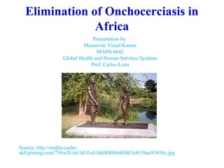 Elimination of Onchocerciasis in
Africa
Presentation by
Manasvini Vimal Kumar
MADS 6642
Global Health and Human Services Systems
Prof. Carlos Leon
Source: http://media-cache-
ak0.pinimg.com/736x/f1/c6/1d/f1c61dd9f408646fd63c015bae93410c.jpg
 