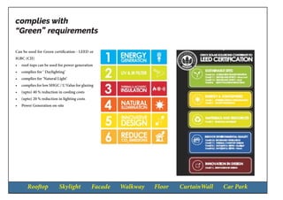 Rooftop Skylight Facade Walkway Floor CurtainWall Car Park
complies with
“Green” requirements
Can be used for Green certification - LEED or
IGBC (CII)
•	 roof-tops can be used for power generation
•	 complies for ‘ Daylighting’
•	 complies for ‘Natural Light’
•	 complies for low SHGC / U Value for glazing
•	 (upto) 40 % reduction in cooling costs
•	 (upto) 20 % reduction in lighting costs
•	 Power Generation on-site
 