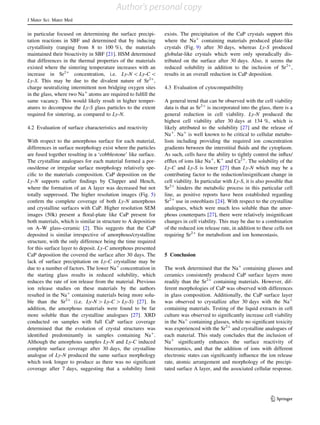in particular focused on determining the surface precipi-
tation reactions in SBF and determined that by inducing
crystallinity (ranging from 8 to 100 %), the materials
maintained their bioactivity in SBF [21]. HSM determined
that differences in the thermal properties of the materials
existed where the sintering temperature increases with an
increase in Sr2?
concentration, i.e. Ly-N  Ly-C 
Ly-S. This may be due to the divalent nature of Sr2?
,
charge neutralizing intermittent non bridging oxygen sites
in the glass, where two Na?
atoms are required to fulﬁll the
same vacancy. This would likely result in higher temper-
atures to decompose the Ly-S glass particles to the extent
required for sintering, as compared to Ly-N.
4.2 Evaluation of surface characteristics and reactivity
With respect to the amorphous surface for each material,
differences in surface morphology exist where the particles
are fused together resulting in a ‘cobblestone’ like surface.
The crystalline analogues for each material formed a por-
ous/dense or irregular surface morphology relatively spe-
ciﬁc to the materials composition. CaP deposition on the
Ly-N supports earlier ﬁndings by Clupper and Hench,
where the formation of an A layer was decreased but not
totally suppressed. The higher resolution images (Fig. 5)
conﬁrm the complete coverage of both Ly-N amorphous
and crystalline surfaces with CaP. Higher resolution SEM
images (50k) present a ﬂoral-plate like CaP present for
both materials, which is similar in structure to A deposition
on A–W glass–ceramic [2]. This suggests that the CaP
deposited is similar irrespective of amorphous/crystalline
structure, with the only difference being the time required
for this surface layer to deposit. Ly-C amorphous presented
CaP deposition the covered the surface after 30 days. The
lack of surface precipitation on Ly-C crystalline may be
due to a number of factors. The lower Na?
concentration in
the starting glass results in reduced solubility, which
reduces the rate of ion release from the material. Previous
ion release studies on these materials by the authors
resulted in the Na?
containing materials being more solu-
ble than the Sr2?
(i.e. Ly-N [ Ly-C [ Ly-S) [27]. In
addition, the amorphous materials were found to be far
more soluble than the crystalline analogues [27]. XRD
conducted on samples with full CaP surface coverage
determined that the evolution of crystal structures was
identiﬁed predominantly in samples containing Na?
.
Although the amorphous samples Ly-N and Ly-C induced
complete surface coverage after 30 days, the crystalline
analogue of Ly-N produced the same surface morphology
which took longer to produce as there was no signiﬁcant
coverage after 7 days, suggesting that a solubility limit
exists. The precipitation of the CaP crystals support this
where the Na?
containing materials produced plate-like
crystals (Fig. 9) after 30 days, whereas Ly-S produced
globular-like crystals which were only sporadically dis-
tributed on the surface after 30 days. Also, it seems the
reduced solubility in addition to the inclusion of Sr2?
,
results in an overall reduction in CaP deposition.
4.3 Evaluation of cytocompatibility
A general trend that can be observed with the cell viability
data is that as Sr2?
is incorporated into the glass, there is a
general reduction in cell viability. Ly-N produced the
highest cell viability after 30 days at 134 %, which is
likely attributed to the solubility [27] and the release of
Na?
. Na?
is well known to be critical to cellular metabo-
lism including providing the required ion concentration
gradients between the interstitial ﬂuids and the cytoplasm.
As such, cells have the ability to tightly control the inﬂux/
efﬂux of ions like Na?
, K?
and Ca2?
. The solubility of the
Ly-C and Ly-S is lower [27] than Ly-N which may be a
contributing factor to the reduction/insigniﬁcant change in
cell viability. In particular with Ly-S, it is also possible that
Sr2?
hinders the metabolic process in this particular cell
line, as positive reports have been established regarding
Sr2?
use in osteoblasts [24]. With respect to the crystalline
analogues, which were much less soluble than the amor-
phous counterparts [27], there were relatively insigniﬁcant
changes in cell viability. This may be due to a combination
of the reduced ion release rate, in addition to these cells not
requiring Sr2?
for metabolism and ion homeostasis.
5 Conclusion
The work determined that the Na?
containing glasses and
ceramics consistently produced CaP surface layers more
readily than the Sr2?
containing materials. However, dif-
ferent morphologies of CaP was observed with differences
in glass composition. Additionally, the CaP surface layer
was observed to crystallize after 30 days with the Na?
containing materials. Testing of the liquid extracts in cell
culture was observed to signiﬁcantly increase cell viability
in the Na?
containing glasses, while no signiﬁcant toxicity
was experienced with the Sr2?
and crystalline analogues of
each material. This study concludes that the inclusion of
Na?
signiﬁcantly enhances the surface reactivity of
bioceramics, and that the addition of ions with different
electronic states can signiﬁcantly inﬂuence the ion release
rate, atomic arrangement and morphology of the precipi-
tated surface A layer, and the associated cellular response.
J Mater Sci: Mater Med
123
Author's personal copy
 