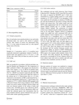 2.3 Biocompatibility testing
2.3.1 Sample preparation
Discs of each glass were autoclaved prior to use and sterile
de-ionized water was used as the solvent to prepare
extracts. The volume of extract was determined using
Eq. 1. Vs is the volume of extract used, Sa is the exposed
surface area of the disc.
Vs ¼
Sa
10
: ð1Þ
Samples (n = 3 amorphous, and n = 3 crystalline) were
aseptically immersed in appropriate volumes of sterile de-
ionized water and agitated at (37 ± 2 °C) for 1, 7 and
30 days after which 100 ll of ﬂuid was used for cytotox-
icity testing.
2.3.2 SBF trial
SBF was produced in accordance with the procedure out-
lined by Kokubo and Takadama [2]. The composition of
SBF is outlined in Table 2. The reagents were dissolved in
order, from reagent 1 to 9, in 500 ml of puriﬁed water
using a magnetic stirrer. The solution was maintained at
36.5 °C. 1 M-HCl was titrated to adjust the pH of the SBF
to 7.4. Puriﬁed water was then used to adjust the volume of
the solution up to 1 l. Glass/ceramic discs (n = 2) were
immersed in concentrations of SBF as determined by Eq. 1
and were subsequently stored in for 1, 7 and 30 days in an
incubator at 37 °C. A JEOL JSM-840 SEM equipped with
a Princeton Gamma Tech energy dispersive X-ray (EDX)
system was used to obtain secondary electron images and
carry out chemical analysis of the surface of glass and
ceramic discs. All EDX spectra were collected at 20 kV,
using a beam current of 0.26 nA. Quantitative EDX con-
verted the collected spectra into concentration data by
using standard reference spectra obtained from pure ele-
ments under similar operating parameters.
2.3.3 Cell culture analysis
The established cell line L929 (American Type Culture
Collection CCL 1 ﬁbroblast, NCTC clone 929) was used in
this study as required by ISO10993 part 5. Cells were
maintained on a regular feeding regime in a cell culture
incubator at 37 °C/5 % CO2/95 % air atmosphere. Cells
were seeded into 24 well plates at a density of 10,000 cells
per well and incubated for 24 h prior to testing with both
extracts and cement discs. The culture media used was
M199 media supplemented with 10 % fetal bovine serum
(Sigma Aldrich, Ireland) and 1 % (2 mM) L-glutamine
(Sigma Aldrich, Ireland). The cytotoxicity of cement
extracts was evaluated using the methyl tetrazolium (MTT)
assay in 24 well plates. Aliquots (100 ll) of undiluted
sample were added into wells containing L929 cells in
culture medium (1 ml) in triplicate over 1, 7 and 30 days.
Cement discs (n = 3 amorphous, and n = 3 crystalline)
were placed in the plate wells and were tested after 24 h.
Each of the prepared plates was incubated for 24 h at
37 °C/5 % CO2. The MTT assay was then added in an
amount equal to 10 % of the culture medium volume/well.
The cultures were then re-incubated for a further 2 h
(37 °C/5 % CO2). Next, the cultures were removed from
the incubator and the resultant formazan crystals were
dissolved by adding an amount of MTT Solubilization
solution [10 % Triton X-100 in acidic isopropanol (0.1 N
HCI)] equal to the original culture medium volume. Once
the crystals were fully dissolved, the absorbance was
measured at a wavelength of 570 nm. Aliquots (100 ll) of
tissue culture water were used as controls, and cells were
assumed to have metabolic activities of 100 %.
2.4 Statistical analysis
One-way analysis of variance was employed to compare
the difference in cell viability as a function of maturation
(1, 7 and 30 days) for each material tested. Comparison of
relevant means was performed using the post hoc Bonfer-
roni test. Differences between groups was deemed signiﬁ-
cant when P B 0.05.
3 Results
3.1 Material characterization
Characterization techniques utilized for this study includes
scanning electron microscopy (SEM/EDX), XRD and
HSM. SEM and the corresponding EDX are presented in
Fig. 1 for Ly-N, Ly-C and Ly-S. Figure 1a presents Ly-
N which conﬁrms the composition contains Si4?
, Ca2?
,
Ti4?
and Na?
, which has a composition similar to batch
Table 2 Ionic composition of SBF [2]
Orders Reagents Amount
1 NaCl 7.996 g
2 NaHCO3 0.350 g
3 KCl 0.224 g
4 K2HPO4Á3H2O 0.228 g
5 MgCl2Á6H2O 0.305 g
6 1 M-HCl 40 ml
7 CaCl2 0.278 g
8 Na2SO4 0.071 g
9 NH2C(CH2OH)3 6.057 g
J Mater Sci: Mater Med
123
Author's personal copy
 