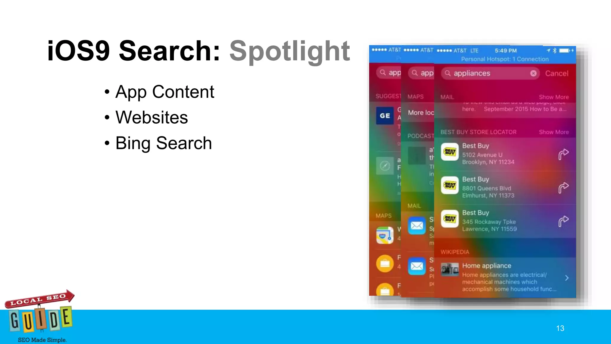 iOS9 Search: Spotlight
• App Content
• Websites
• Bing Search
13
 