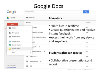 Lubna Sorour – lasorour@gmail.com
Google Docs
Educators:
• Share files in realtime
• Create questionnaires and receive
instant feedback
•Access their work from any device
and anywhere
Students also can create:
• Collaborative presentations and
report
 