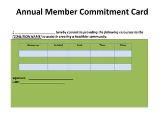 Annual Member Commitment Card
Resources In-kind Cash Time Other
I, ______________________ hereby commit to providing the following resources to the
(COALITION NAME) to assist in creating a healthier community.
Signature: ____________________________
Date: ____________________________
 