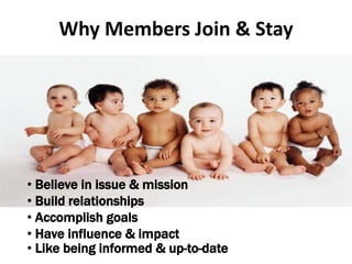 Why Members Join & Stay
• Believe in issue & mission
• Build relationships
• Accomplish goals
• Have influence & impact
• Like being informed & up-to-date
 