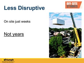 Fast
Without sacrifices to design or quality
66% projects reporting 35% to 50% faster
than conventional
Modular Allows For Concurrent Processes
 