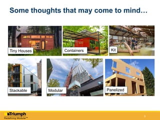 5
Some thoughts that may come to mind…
Tiny Houses Kit
Stackable Modular
Containers Kit
Panelized
 
