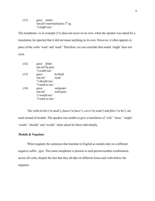 4
(11) guxə ranæv
run.inf want/need.pres.1st
.sg
‘I might run.’
The morpheme -ra in example (11) does not occur on its own; when the speaker was asked for a
translation, he reported that it did not mean anything on its own. However, it often appears in
place of the verbs ‘want’ and ‘need.’ Therefore, we can conclude that modal ‘might’ does not
exist.
(12) guxə βilæv
run.inf be.pres
‘I could run.’
(13) guxə kɛrktɛβ
run.inf need
‘I should run.’
‘I need to run.’
(14) guxə sεdʒεnæv
run.inf want.pres
‘I would run.’
‘I want to run.’
The verbs kεrktə (‘to need’), βana (‘to have’), setxə (‘to want’) and βilæ (‘to be’), are
used instead of modals. The speaker was unable to give a translation of ‘will,’ ‘must,’ ‘might,’
‘could,’ ‘should,’ and ‘would,’ when asked for them individually.
Modals & Negation:
When negated, the sentences that translate to English as modals take on a different
negative suffix: -ʃgot. This same morpheme is present in each person/number combination,
across all verbs, despite the fact that they all take on different forms and verbs before the
negation.
 