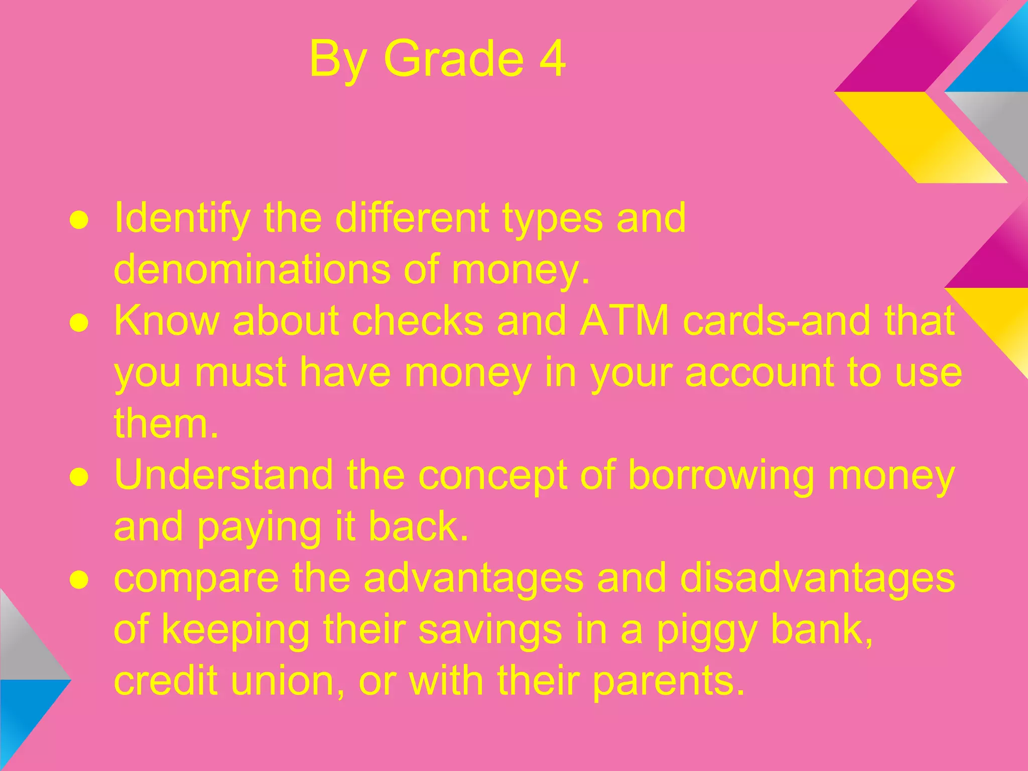 By Grade 4
● Identify the different types and
denominations of money.
● Know about checks and ATM cards-and that
you must have money in your account to use
them.
● Understand the concept of borrowing money
and paying it back.
● compare the advantages and disadvantages
of keeping their savings in a piggy bank,
credit union, or with their parents.
 