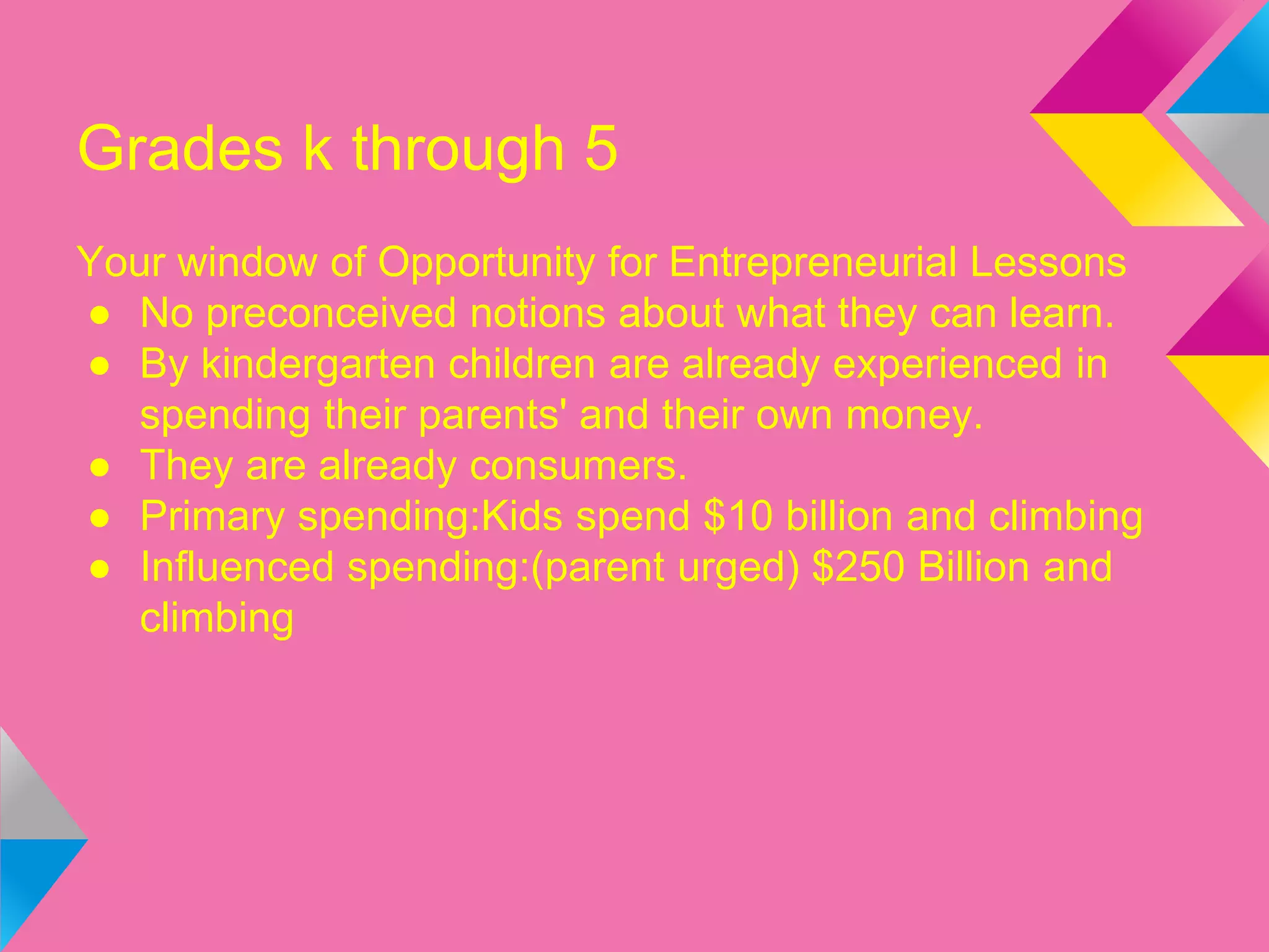 Grades k through 5
Your window of Opportunity for Entrepreneurial Lessons
● No preconceived notions about what they can learn.
● By kindergarten children are already experienced in
spending their parents' and their own money.
● They are already consumers.
● Primary spending:Kids spend $10 billion and climbing
● Influenced spending:(parent urged) $250 Billion and
climbing
 