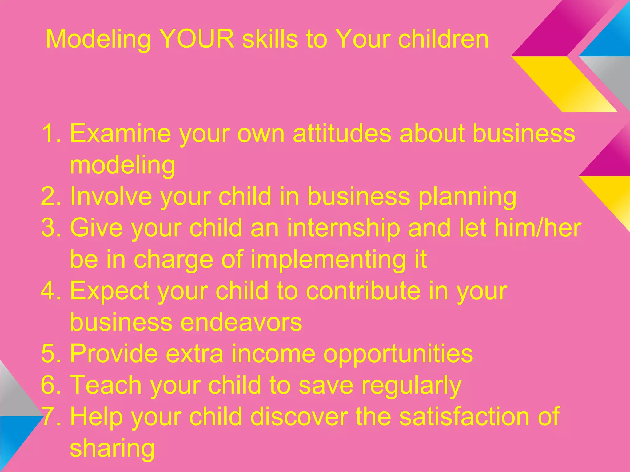 Modeling YOUR skills to Your children
1. Examine your own attitudes about business
modeling
2. Involve your child in business planning
3. Give your child an internship and let him/her
be in charge of implementing it
4. Expect your child to contribute in your
business endeavors
5. Provide extra income opportunities
6. Teach your child to save regularly
7. Help your child discover the satisfaction of
sharing
 