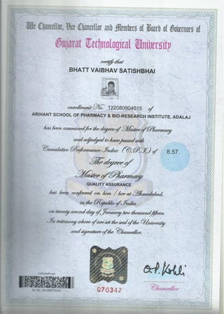 m.pharm degree certificate