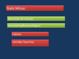 Gato Micas:
descrição do animal;
caracterização psicológica;
hábitos
comidas favoritas
 