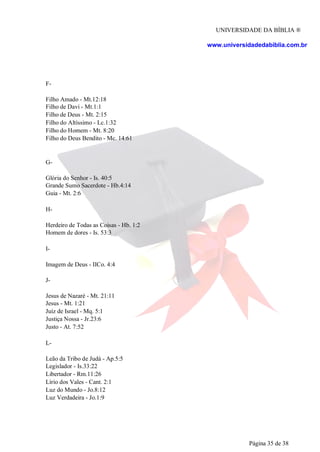 UNIVERSIDADE DA BÍBLIA ®
www.universidadedabiblia.com.br
F-
Filho Amado - Mt.12:18
Filho de Davi - Mt.1:1
Filho de Deus - Mt. 2:15
Filho do Altíssimo - Lc.1:32
Filho do Homem - Mt. 8:20
Filho do Deus Bendito - Mc. 14:61
G-
Glória do Senhor - Is. 40:5
Grande Sumo Sacerdote - Hb.4:14
Guia - Mt. 2:6
H-
Herdeiro de Todas as Coisas - Hb. 1:2
Homem de dores - Is. 53:3
I-
Imagem de Deus - IICo. 4:4
J-
Jesus de Nazaré - Mt. 21:11
Jesus - Mt. 1:21
Juíz de Israel - Mq. 5:1
Justiça Nossa - Jr.23:6
Justo - At. 7:52
L-
Leão da Tribo de Judá - Ap.5:5
Legislador - Is.33:22
Libertador - Rm.11:26
Lírio dos Vales - Cant. 2:1
Luz do Mundo - Jo.8:12
Luz Verdadeira - Jo.1:9
Página 35 de 38
 