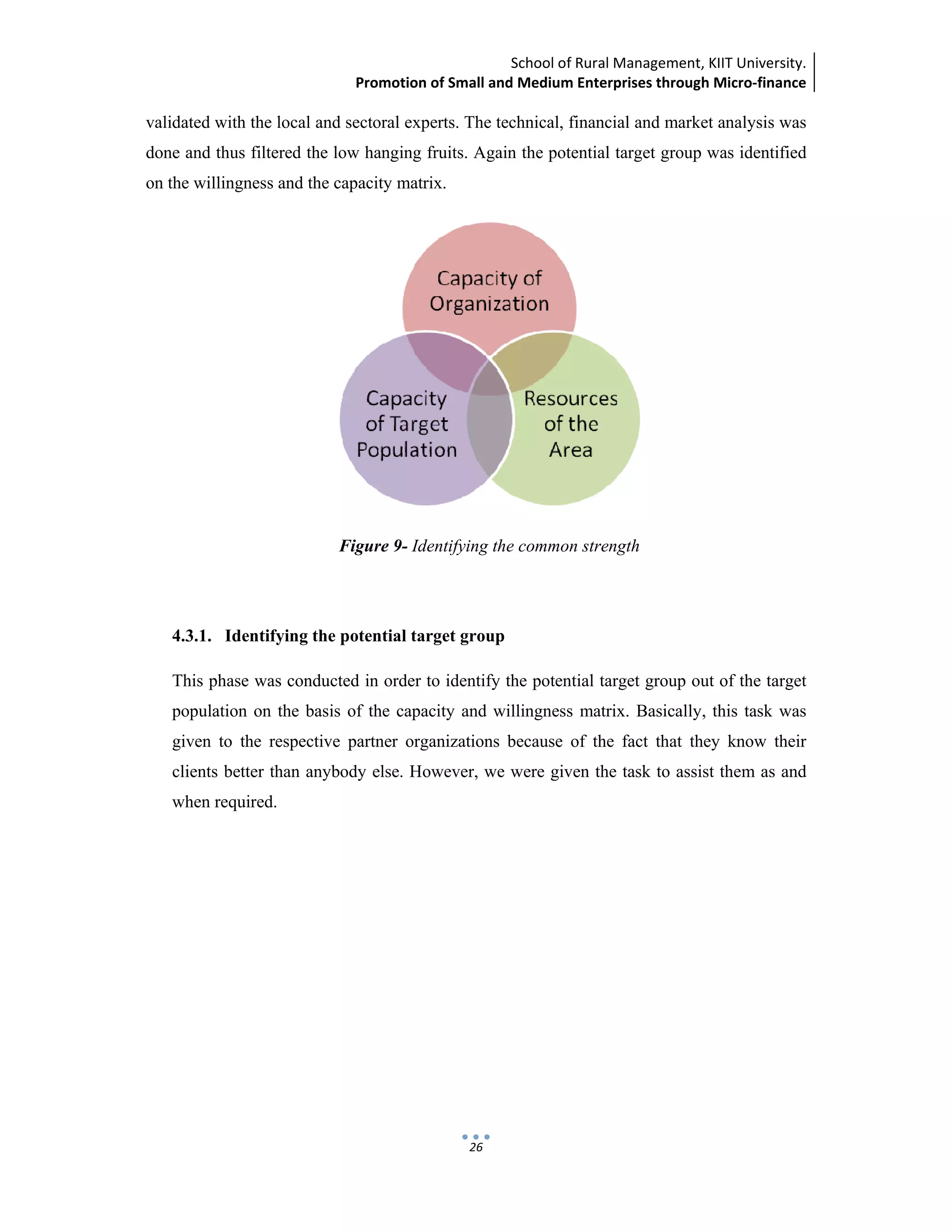 School of Rural Management, KIIT University.
Promotion of Small and Medium Enterprises through Micro‐finance
 
 
 
26
validated with the local and sectoral experts. The technical, financial and market analysis was
done and thus filtered the low hanging fruits. Again the potential target group was identified
on the willingness and the capacity matrix.
Figure 9- Identifying the common strength
4.3.1. Identifying the potential target group
This phase was conducted in order to identify the potential target group out of the target
population on the basis of the capacity and willingness matrix. Basically, this task was
given to the respective partner organizations because of the fact that they know their
clients better than anybody else. However, we were given the task to assist them as and
when required.
 