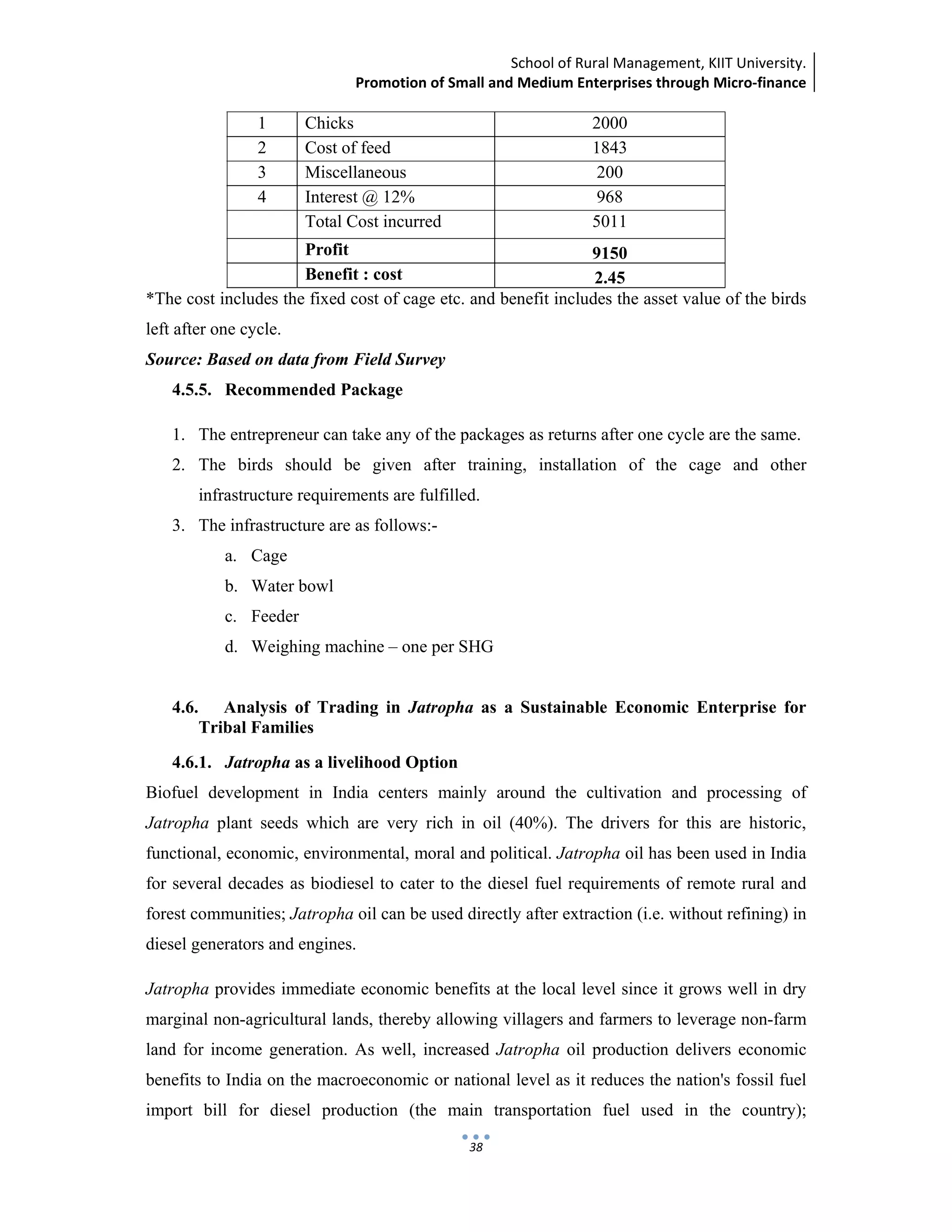 School of Rural Management, KIIT University.
Promotion of Small and Medium Enterprises through Micro‐finance
 
 
 
38
1 Chicks 2000
2 Cost of feed 1843
3 Miscellaneous 200
4 Interest @ 12% 968
Total Cost incurred 5011
Profit 9150
Benefit : cost 2.45
*The cost includes the fixed cost of cage etc. and benefit includes the asset value of the birds
left after one cycle.
Source: Based on data from Field Survey
4.5.5. Recommended Package
1. The entrepreneur can take any of the packages as returns after one cycle are the same.
2. The birds should be given after training, installation of the cage and other
infrastructure requirements are fulfilled.
3. The infrastructure are as follows:-
a. Cage
b. Water bowl
c. Feeder
d. Weighing machine – one per SHG
4.6. Analysis of Trading in Jatropha as a Sustainable Economic Enterprise for
Tribal Families
4.6.1. Jatropha as a livelihood Option
Biofuel development in India centers mainly around the cultivation and processing of
Jatropha plant seeds which are very rich in oil (40%). The drivers for this are historic,
functional, economic, environmental, moral and political. Jatropha oil has been used in India
for several decades as biodiesel to cater to the diesel fuel requirements of remote rural and
forest communities; Jatropha oil can be used directly after extraction (i.e. without refining) in
diesel generators and engines.
Jatropha provides immediate economic benefits at the local level since it grows well in dry
marginal non-agricultural lands, thereby allowing villagers and farmers to leverage non-farm
land for income generation. As well, increased Jatropha oil production delivers economic
benefits to India on the macroeconomic or national level as it reduces the nation's fossil fuel
import bill for diesel production (the main transportation fuel used in the country);
 