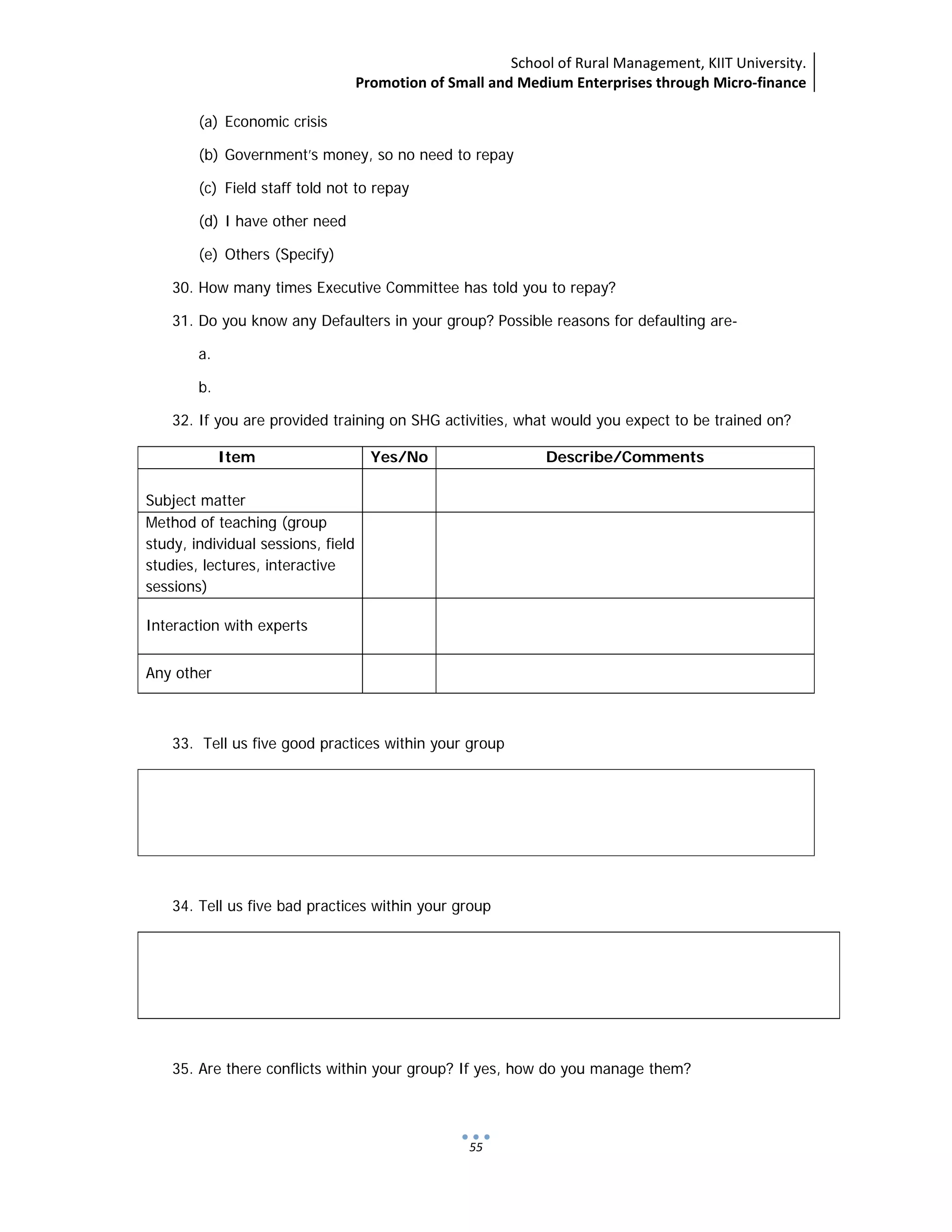 School of Rural Management, KIIT University.
Promotion of Small and Medium Enterprises through Micro‐finance
 
 
 
55
(a) Economic crisis
(b) Government’s money, so no need to repay
(c) Field staff told not to repay
(d) I have other need
(e) Others (Specify)
30. How many times Executive Committee has told you to repay?
31. Do you know any Defaulters in your group? Possible reasons for defaulting are-
a.
b.
32. If you are provided training on SHG activities, what would you expect to be trained on?
Item Yes/No Describe/Comments
Subject matter
Method of teaching (group
study, individual sessions, field
studies, lectures, interactive
sessions)
Interaction with experts
Any other
33. Tell us five good practices within your group
34. Tell us five bad practices within your group
35. Are there conflicts within your group? If yes, how do you manage them?
 