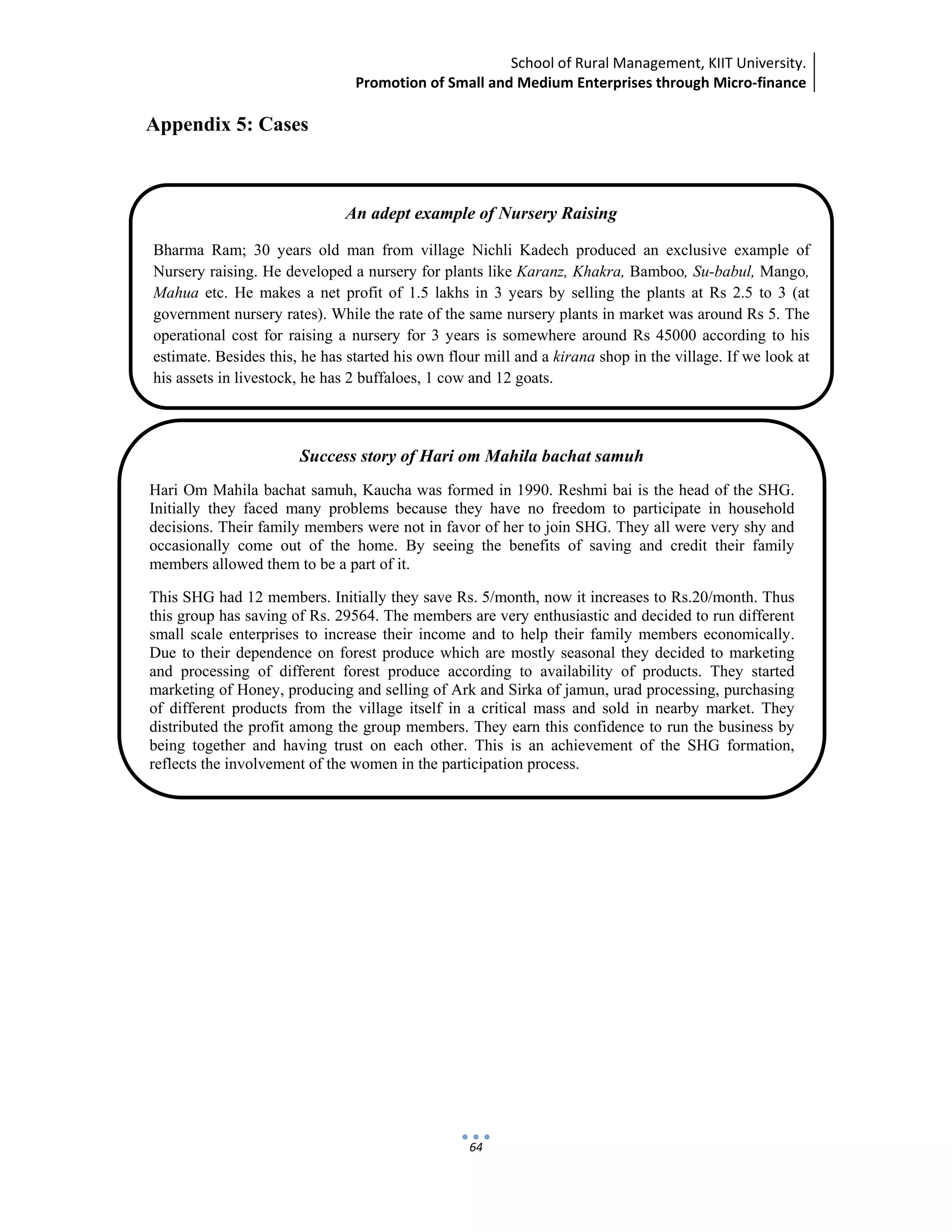 School of Rural Management, KIIT University.
Promotion of Small and Medium Enterprises through Micro‐finance
 
 
 
64
Appendix 5: Cases
An adept example of Nursery Raising
Bharma Ram; 30 years old man from village Nichli Kadech produced an exclusive example of
Nursery raising. He developed a nursery for plants like Karanz, Khakra, Bamboo, Su-babul, Mango,
Mahua etc. He makes a net profit of 1.5 lakhs in 3 years by selling the plants at Rs 2.5 to 3 (at
government nursery rates). While the rate of the same nursery plants in market was around Rs 5. The
operational cost for raising a nursery for 3 years is somewhere around Rs 45000 according to his
estimate. Besides this, he has started his own flour mill and a kirana shop in the village. If we look at
his assets in livestock, he has 2 buffaloes, 1 cow and 12 goats.
Success story of Hari om Mahila bachat samuh
Hari Om Mahila bachat samuh, Kaucha was formed in 1990. Reshmi bai is the head of the SHG.
Initially they faced many problems because they have no freedom to participate in household
decisions. Their family members were not in favor of her to join SHG. They all were very shy and
occasionally come out of the home. By seeing the benefits of saving and credit their family
members allowed them to be a part of it.
This SHG had 12 members. Initially they save Rs. 5/month, now it increases to Rs.20/month. Thus
this group has saving of Rs. 29564. The members are very enthusiastic and decided to run different
small scale enterprises to increase their income and to help their family members economically.
Due to their dependence on forest produce which are mostly seasonal they decided to marketing
and processing of different forest produce according to availability of products. They started
marketing of Honey, producing and selling of Ark and Sirka of jamun, urad processing, purchasing
of different products from the village itself in a critical mass and sold in nearby market. They
distributed the profit among the group members. They earn this confidence to run the business by
being together and having trust on each other. This is an achievement of the SHG formation,
reflects the involvement of the women in the participation process.
 