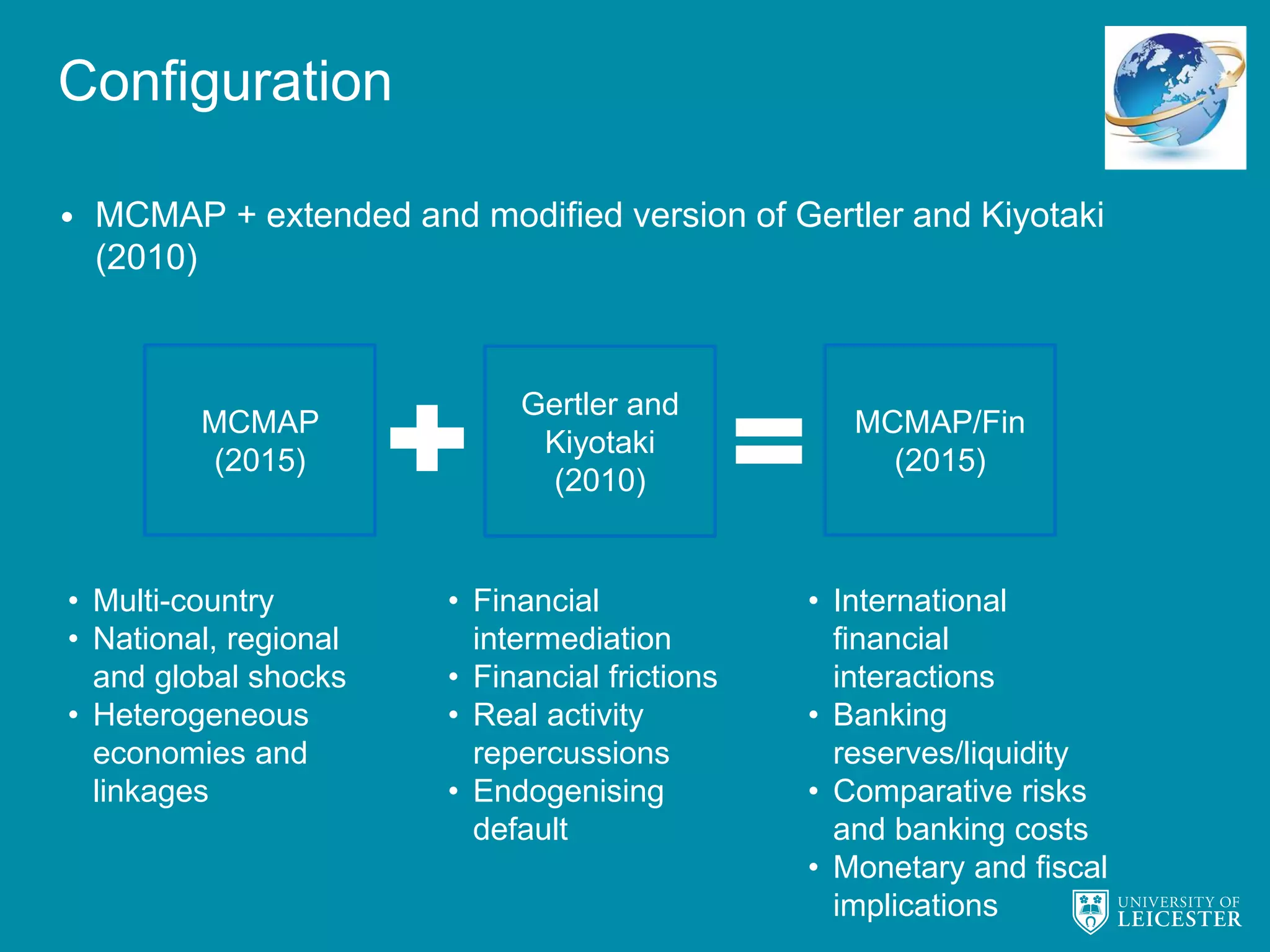 Configuration
• MCMAP + extended and modified version of Gertler and Kiyotaki
(2010)
MCMAP
(2015)
Gertler and
Kiyotaki
(2010)
MCMAP/Fin
(2015)
• Multi-country
• National, regional
and global shocks
• Heterogeneous
economies and
linkages
• Financial
intermediation
• Financial frictions
• Real activity
repercussions
• Endogenising
default
• International
financial
interactions
• Banking
reserves/liquidity
• Comparative risks
and banking costs
• Monetary and fiscal
implications
 