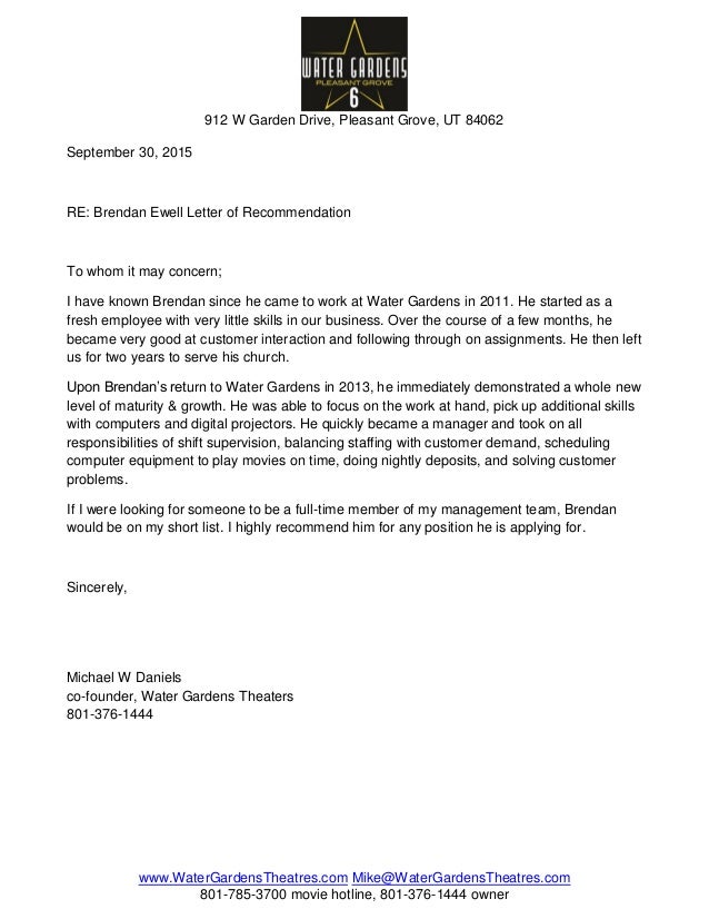 Recommendation Letter Mayor Daniels