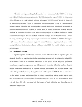 10
Georgia Institute of Technology
The points used to generate this payload range chart were a maximum payload of 300,000 lb., the design
point of 205,000 lb., the performance requirement of 120,000 lb., the max fuel weight of 368,585 lb. with a payload
of 50,950 lb., and the ferry range calculated at the max fuel weight of 368,585 lb. with no payload. For this aircraft,
the original design payload of 120,000 lb. was increased to a design payload of 205,000 lb. The reason for this
increase in payload was twofold. The initial design with a payload of 120,000 lb. was unable to accommodate the
maximum payload requirement of 300,000 lb. In addition, two of the required payload cargo, the M104 Wolverine
and the M1A Abrams tank exceed the weight of the initial design payload of 120,000 lb. Therefore, in order to
achieve a maximum payload of at least 300,000 lb. and be able to carry at least one Wolverine and one Abrams at
the design payload weight, the design payload weight was increased from 120,000 lb. to 205,000 lb. This payload
weight increase also results in an increased range of the vehicle. This increased range is optimal because it makes
nonstop flights from North America to Europe and Europe to the Middle East possible at higher, more useful
payload weights.
3.4 Stakeholder Analysis
An important aspect of aircraft design considered, was the stakeholder’s that are impacted by the final
design. It identifies the important shareholders within the process that will drive the design and usability
of the aircraft. Some of the important stakeholders for this project include the pilots, government,
manufacturers, suppliers, cargo master and light personnel. Using the stakeholder analysis chart, the
entities listed above can be placed on the chart dividing them between four different criteria. These
include “keep satisfied”, “manage closely”, “monitor” and “keep informed.” Each of these criteria have
varying degrees of power and interest within the project. Based off the interest of each relevant party,
their place on the chart was created. Their placement on the chart is based off each other’s relations. Table
3-V and Figure 3-3 below showcase both the interests of each stakeholder and their place on the
stakeholder analysis chart.
 