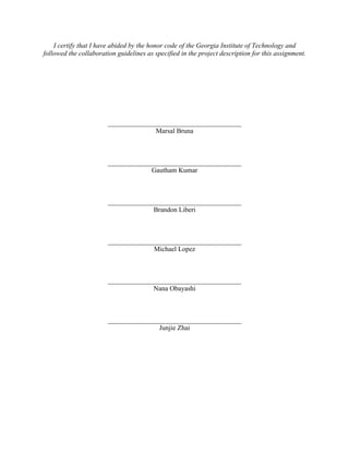 I certify that I have abided by the honor code of the Georgia Institute of Technology and
followed the collaboration guidelines as specified in the project description for this assignment.
_______________________________________
Marsal Bruna
_______________________________________
Gautham Kumar
_______________________________________
Brandon Liberi
_______________________________________
Michael Lopez
_______________________________________
Nana Obayashi
_______________________________________
Junjie Zhai
 