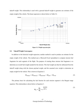 17
Georgia Institute of Technology
takeoff weight. This relationship is used with a guessed takeoff weight to generate one estimate of the
empty weight of the vehicle. The linear regression is shown below in Table 5-I.
Figure 5-1. Weight regression plot.
5.2 Takeoff Weight Convergence
In addition to the historical weight regression, another method is used to produce an estimate for the
empty weight of the vehicle. This method uses a Microsoft Excel spreadsheet to compute mission fuel
fragments for each segment of the flight. The purpose of creating these mission fuel fragments is to
determine an overall fuel weight needed for the mission. This fuel weight can then be subtracted from the
takeoff weight along with the chosen payload weight, and the assumed crew weight to determine an
empty weight for the vehicle. This is shown in Equation 2.
(2)
The primary basis for calculating the fuel fraction for each mission segment is the Breguet range
equation. This relationship is shown below in Equation 3.
(3)
 