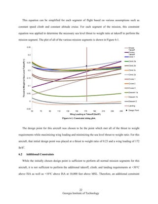 22
Georgia Institute of Technology
This equation can be simplified for each segment of flight based on various assumptions such as
constant speed climb and constant altitude cruise. For each segment of the mission, this constraint
equation was applied to determine the necessary sea level thrust to weight ratio at takeoff to perform the
mission segment. The plot of all of the various mission segments is shown in Figure 6-1.
Figure 6-1. Constraint sizing plot.
The design point for this aircraft was chosen to be the point which met all of the thrust to weight
requirements while maximizing wing loading and minimizing the sea level thrust to weight ratio. For this
aircraft, that initial design point was placed at a thrust to weight ratio of 0.23 and a wing loading of 172
lb/ft2
.
6.2 Additional Constraints
While the initially chosen design point is sufficient to perform all normal mission segments for this
aircraft, it is not sufficient to perform the additional takeoff, climb, and landing requirements at +30°C
above ISA as well as +10°C above ISA at 10,000 feet above MSL. Therefore, an additional constraint
 