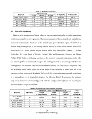 28
Georgia Institute of Technology
Table 8-I. Payload characteristics.
Payload
Dimension (ft)
Weight (lb) Volume (ft3
)
Length Width Height
463 L Master Pallets 7.30 9.00 6.00 6000.00 394.20
Wolverine Bridge 43.96 13.12 15.00 153882.66 8651.33
AH-64 Apaches 49.08 17.17 15.25 23000.00 12851.23
M1A1 Abrams 32.25 12.00 9.47 126000.00 3664.89
M2A3 Bradley 21.50 10.76 11.09 72000.77 2565.56
8.2 Internal Cargo Fitting
Based on cargo arrangements of master pallets on previous transport aircrafts, the pallets are designed
with two master pallets in a row generally. The same arrangement of the master pallets is applied in the
process of determining the dimensions of the internal cargo space. Based on Figure 3.37 and 3.38 of
Roskam Airplane Design Part III, the spacing between the side of pallets and the internal frame of the
aircraft were 2 to 5 inches, and the spacing between pallets were not specified (Roskam J. , Airplane
Design Part III: Layout Desig of Cockpit, Fuselage, Wing and Empennage: Cutaways and Inboard
Profiles, 2002). As far as the loading operation on this aircraft is concerned, extra spacing on the sides
and between pallets are intentionally designed for loading personnel to pass through and check the
loading process and ensure the cargo are loaded and fixed correctly. The cargo space is designed to carry
one Wolverine assault bridge system due to the weight of one Wolverine is greater than half of the
maximum payload requirement. Besides the Wolverine bridge system, other cargo payloads are designed
to be arranged in a row in longitudinal direction. The following Table 8-II summarizes the minimum
cargo space dimensions with required payloads while the total payload weight does not exceeding the
maximum payload weight of 300,000 lb.
Table 8-II. Minimum cargo space dimension calculation.
Payload Quantity
Minimum Cargo Space Dimension (ft) Total
Payload
Weight (ft)
Length
(Longitudinal)
Width
(Lateral)
Height
(Vertical)
463 L Master
Pallets
44 160.60 18.00 6.00 264,000
Wolverine Bridge 1 43.96 13.12 15.00 153,883
AH-64 Apaches 3 147.24 17.17 15.25 69,000
M1A1 Abrams 2 64.50 12.00 9.47 252,000
M2A3 Bradley 4 86.00 10.76 11.09 288,003
 