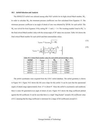 35
Georgia Institute of Technology
10.1 Airfoil Selection and Analysis
The HSNLF213 airfoil was selected among other NLF airfoils for its high critical Mach number, Mcr.
In order to calculate Mcr, the minimum pressure coefficient was first calculated from Equation 13. The
minimum pressure coefficient at an angle of attack of zero was obtained by XFOIL for each airfoil. The
Mcr was solved for from Equation 14 by setting M = 1 and γ = 1.4. The resulting number listed in Mcr’ is
the final critical Mach number value with the sweep angle of 28° taken into account. Table 10-I shows the
final critical Mach number for each airfoil and their intermediate values.
√
(13)
[
( )
]
(14)
Table 10-I. Critical Mach number values for each airfoil and intermediate values.
Airfoil cp,0,min Mcr Mcr’
hsnlf213 -0.6 0.6708 0.7597
nlf0115 -0.8 0.6137 0.6951
nlf215f -1.4 0.5015 0.5680
nlf414f -0.9 0.5899 0.6681
nlf416 -1.3 0.5161 0.5845
nlf1015 -1.3 0.5161 0.5845
The airfoil coordinates were acquired from the UIUC airfoil database. The airfoil geometry is shown
in Figure 10-1. Figure 10-2 shows the lift curve slope for this airfoil. It can be seen that the operational
angles of attack range approximately from -6° to about 8°. Since the airfoil is asymmetric and cambered,
there is some lift generated at an angle of attack of zero. Figure 10-3 shows the drag coefficient plotted
against the lift coefficient. It can be seen that there is a slight “drag bucket” around a lift coefficient value
of 0.3, meaning that the drag coefficient is minimum for a range of lift coefficients around 0.3.
 