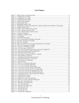 v
Georgia Institute of Technology
List of Figures
Figure 1-1. Right isometric of painted aircraft.........................................................................................................2
Figure 2-1. Configuration one model.......................................................................................................................4
Figure 2-2: Configuration two model. .....................................................................................................................4
Figure 2-3: Configuration three model. ...................................................................................................................4
Figure 3-1. Mission profile diagram. .......................................................................................................................9
Figure 3-2. Payload range chart. ..............................................................................................................................9
Figure 3-3: Stakeholder analysis chart...................................................................................................................11
Figure 4-1. Waterfall chart showcasing reductions in takeoff weight with the additions of technology. ..............16
Figure 5-1. Weight regression plot. .......................................................................................................................17
Figure 5-2. Climb 1 rate of climb sensitivity study................................................................................................19
Figure 5-3. Cruise 2 altitude sensitivity study........................................................................................................20
Figure 5-4. Cruise 2 Mach number sensitivity study. ............................................................................................21
Figure 6-1. Constraint sizing plot. .........................................................................................................................22
Figure 6-2. Additional constraint sizing.................................................................................................................23
Figure 7-1: V-n Diagram .......................................................................................................................................27
Figure 8-1. Omni-directional rollers. .....................................................................................................................29
Figure 8-2. Cross-section design of fuselage cargo space......................................................................................30
Figure 8-3. Geometric parameters of fuselage.......................................................................................................31
Figure 9-1. ISO view of cockpit.............................................................................................................................32
Figure 9-2. Dimensioned three-view of seating arrangements in the cockpit. .......................................................33
Figure 9-3. Side-view of nose part of fuselage. .....................................................................................................34
Figure 10-1. Geometry of HSNLF213 airfoil. .......................................................................................................36
Figure 10-2. Lift curve slope of HSNLF213..........................................................................................................36
Figure 10-3. Lift coefficient plotted against drag coefficient for HSNLF213. ......................................................36
Figure 10-4: Dimensioned Drawing of Wing Planform.........................................................................................43
Figure 10-5: Flap and Lateral Control Layout .......................................................................................................43
Figure 10-6. Lift to drag of wings that met the CL required...................................................................................45
Figure 10-7. Wing planform comparison...............................................................................................................46
Figure 11-1. Dimensioned drawing of horizontal tail. ...........................................................................................49
Figure 11-2. Dimensioned drawing of vertical tail. ...............................................................................................49
Figure 11-3. Overall layout of empennage. ...........................................................................................................51
Figure 12-1. Structure layout. ................................................................................................................................52
Figure 13-1. Side view of subsystem placement....................................................................................................54
Figure 13-2. Top view of subsystem placement. ...................................................................................................54
Figure 14-1. C.g. travel for aircraft without cargo. ................................................................................................61
Figure 14-2. C.g travel for aircraft one Wolverine Bridge.....................................................................................61
Figure 14-3. C.g travel for aircraft with 2 M-1 Abrams tanks. ..............................................................................62
Figure 14-4. C.g travel for aircraft with 205,000 pound cargo. .............................................................................62
Figure 14-5. C.g travel for aircraft with 300,000 pound cargo. .............................................................................62
Figure 15-1. Longitudinal tip-over criteria and ground clearance. ........................................................................63
Figure 15-2. Lateral ground clearance. ..................................................................................................................63
Figure 15-3. Lateral tip-over criteria......................................................................................................................64
Figure 15-4. Diagram for static load calculation....................................................................................................65
Figure 15-5. Three-view of nose and main landing gear. ......................................................................................66
Figure 15-6. Nose gear retracting process..............................................................................................................66
Figure 15-7. Main gear retracting process. ............................................................................................................67
Figure 16-1. AVL input geometry. ........................................................................................................................68
Figure 16-2. Dynamic mode eigenvalues...............................................................................................................71
Figure 17-1. Aircraft Front View...........................................................................................................................72
Figure 17-2. Aircraft Top View .............................................................................................................................72
Figure 17-3. Aircraft Side View ............................................................................................................................73
Figure 17-4. Aircraft Key Components .................................................................................................................73
 