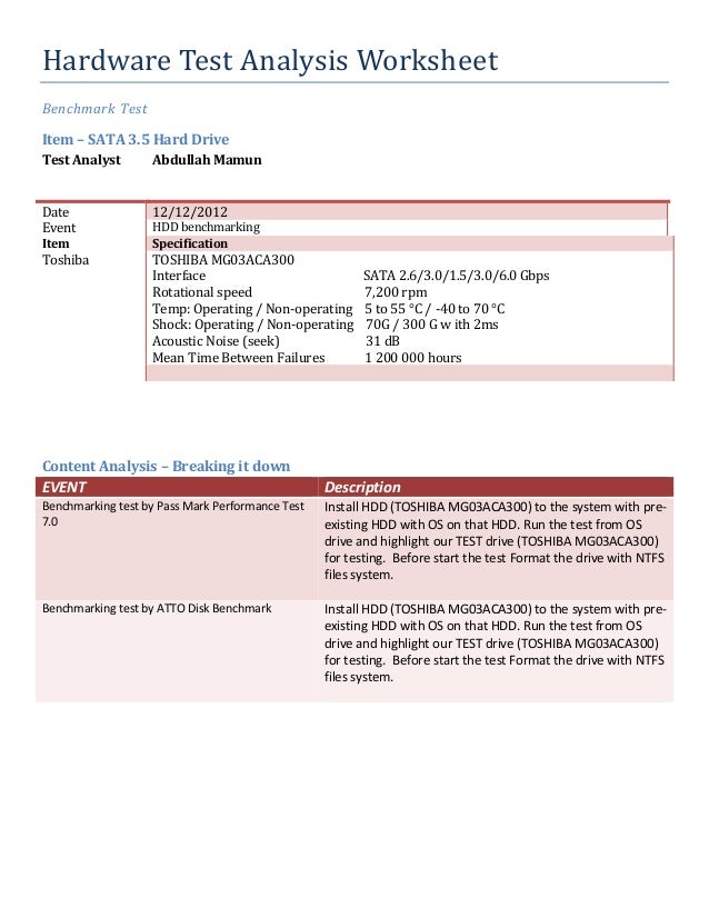 Hardware Test Analysis Worksheet Hdd Benchmark