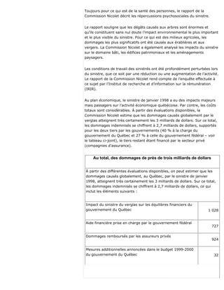 Toujours pour ce qui est de la santé des personnes, le rapport de la
Commission Nicolet décrit les répercussions psychosociales du sinistre.
Le rapport souligne que les dégâts causés aux arbres sont énormes et
qu’ils constituent sans nul doute l’impact environnemental le plus important
et le plus visible du sinistre. Pour ce qui est des milieux agricoles, les
dommages les plus significatifs ont été causés aux érablières et aux
vergers. La Commission Nicolet a également analysé les impacts du sinistre
sur le domaine bâti, les édifices patrimoniaux et les aménagements
paysagers.
Les conditions de travail des sinistrés ont été profondément perturbées lors
du sinistre, que ce soit par une réduction ou une augmentation de l’activité.
Le rapport de la Commission Nicolet rend compte de l’enquête effectuée à
ce sujet par l’Institut de recherche et d’information sur la rémunération
(IRIR).
Au plan économique, le sinistre de janvier 1998 a eu des impacts majeurs
mais passagers sur l’activité économique québécoise. Par contre, les coûts
totaux sont considérables. À partir des évaluations disponibles, la
Commission Nicolet estime que les dommages causés globalement par le
verglas atteignent très certainement les 3 milliards de dollars. Sur ce total,
les dommages indemnisés se chiffrent à 2,7 milliards de dollars, supportés
pour les deux tiers par les gouvernements (40 % à la charge du
gouvernement du Québec et 27 % à celle du gouvernement fédéral – voir
le tableau ci-joint), le tiers restant étant financé par le secteur privé
(compagnies d’assurance).
Au total, des dommages de près de trois milliards de dollars
À partir des différentes évaluations disponibles, on peut estimer que les
dommages causés globalement, au Québec, par le sinistre de janvier
1998, atteignent très certainement les 3 milliards de dollars. Sur ce total,
les dommages indemnisés se chiffrent à 2,7 milliards de dollars, ce qui
inclut les éléments suivants :
Impact du sinistre du verglas sur les équilibres financiers du
gouvernement du Québec 1 028
Aide financière prise en charge par le gouvernement fédéral
727
Dommages remboursés par les assureurs privés
924
Mesures additionnelles annoncées dans le budget 1999-2000
du gouvernement du Québec 32
 