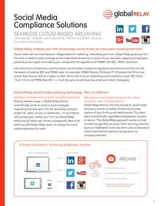 1
Social Media
Compliance Solutions
SEAMLESS CLOUD-BASED ARCHIVING
FOR LINKEDIN, LINKEDIN SALES NAVIGATOR, TWITTER, FACEBOOK, GOOGLE+,
YOUTUBE & INSTAGRAM
Seamless, automatic archiving with straightforward setup.
Getting started is easy — Global Relay Archive
automatically sends an email to each employee,
requesting that they opt-in for the service by clicking a
single link. Users’ privacy is maintained — in accordance
with privacy laws, neither your firm nor Global Relay
retains social media user names or passwords. Best of all,
archiving with Global Relay does not change the social
media experience for users.
Global Relay enables your firm to leverage social media as a business development tool
Social media services have become indispensable for marketing, networking and more. Global Relay gives your firm
the tools it needs to easily leverage social media while remaining in control of your business, respecting employees’
personal privacy rights, and helping you comply with the regulations of FINRA®
, the SEC, IIROC, and more.
Like other forms of electronic communication, social media is subject to regulatory requirements and fits into the
framework of existing SEC and FINRA rules. For example, FINRA Notices 10-06 and 11-39 advise that firms must
ensure they have an archive in place to retain all records of social networking communications as per SEC Rules
17a-3, 17a-4 and FINRA Rule 4511 — much the same as with business email and instant messaging.
We capture social media at its source for a more
compliant, more complete archive.
Global Relay Archive connects directly to social media
services to ensure complete, timely and accurate
capture of your firm’s social media activity. This takes
place automatically, regardless of employees’ location
or device. The Global Relay approach avoids a critical
compliance gap that can occur when archiving solutions
(such as middleware) work only when users access social
media channels from behind a proxy server on
company premises.
Global Relay social media archiving technology: Why it’s different
Cloud-based Archiving
Monitoring, Supervision & Review Tools
Audit / eDiscovery Search
Mobile Access to Archived Content:
iPhone, iPad, BlackBerry, Android
Users’ Social Media Activity
Direct
Connection
(via API)
Social Networks
ARCHIVE
A Direct Connection: Archiving Anywhere, Anytime
 