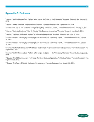 10
Appendix C: Endnotes
1
Source: “Brief: In-Memory Data Platform Is No Longer An Option — It’s A Necessity!” Forrester Research, Inc., August 22,
2014.
2
Source: “Market Overview: In-Memory Data Platforms,” Forrester Research, Inc., December 26, 2014.
3
Source: “The Age Of The Customer Changes Everything For AD&D Leaders,” Forrester Research, Inc., January 23, 2014.
4
Source: “Maximize Employee Value By Aligning With Customer Imperatives,” Forrester Research, Inc., May 9, 2014.
5
Source: “Transform Application Delivery To Improve Business Agility,” Forrester Research, Inc., July 10, 2014.
6
Source: “Increase Flexibility By Embracing Future Business And Technology Trends,” Forrester Research, Inc., October
24, 2014.
7
Source: “Increase Flexibility By Embracing Future Business And Technology Trends,” Forrester Research, Inc., October
24, 2014.
8
Source: “Brief: Product Innovation Must Focus On Simplicity To Enhance Customer Experiences,” Forrester Research, Inc.
September 3, 2014.
9
Source: “Brief: In-Memory Data Platform Is No Longer An Option — It’s A Necessity!” Forrester Research, Inc., August 22,
2014.
10
Source: “The 10 Most Important Technology Trends In Business Application Architecture Today,” Forrester Research, Inc.,
September 23, 2013.
11
Source: “The Future Of Mobile Application Development,” Forrester Research, Inc., January 28, 2015.
 