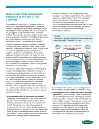 2
Today’s Enterprise Applications
Need More In The Age Of The
Customer
Enterprises stand at the brink of a major opportunity to
expand their capabilities and efficiencies for serving the
customer. The key to this is exploiting the real-time insights
provided by the vast array of data that can be collected and
brought together by big data and real-time advanced
analytics. This requires a technology platform that can store,
process, and access data faster than traditional approaches
and readily adapts to new business needs. Recent
advances in in-memory technologies offer this ability.
1
Forrester defines an in-memory database as: "Database
technology that stores either all or partial data in DRAM,
either on a single server or distributed across multiple nodes
in a cluster to support transactional, analytical, and
predictive workloads." Combined with complementary
application development modules that exploit this data
access model, in-memory technology enables businesses
to innovate better services by running business operations
faster and efficiently, in order to upsell/cross-sell new
products based on customer likes, dislikes, buying patterns,
friend circles, and past orders.
2
The business implications are huge not only for migrating
existing business applications, but also for building new
innovative custom-built applications, as both directly and
indirectly affect a firm’s customer experience, employee
productivity, business agility, and competitiveness. What if
you could deliver your complex queries and business
insights a thousand times faster? What if your mobile
application could access integrated data from many
disparate sources in seconds? What if the technology you
use could accelerate data processing and deliver real-time
information with low latency? The power exists to address
the following realities:
› Customer experience is the ultimate sustainable
advantage. Mobile applications have shifted enormous
power to consumers and customers, enabling them to
switch to competitors instantaneously. Social channels
amplify their opinions and extend their reach, and
consumers now have more power to make or break a
business. Winning — or losing — customers comes down
to the digital customer experiences and levels of service
you provide.
3
Creating relevant applications in the service
of this will be the key business differentiator for
enterprises. More than ever, enterprise application
developers must build a bridge between what customers
expect and what businesses deliver. This expectation
lives not just at the technology level, but even more
importantly, at the business level (See Figure 1).
Technology developers must now consider the full cross-
channel experience, blending technology and culture to
enable and build performance, convenience,
personalization, and trust.
› Employee productivity suffers from poorly designed
applications. A recent Forrester survey found that only
34% of information workers are fully engaged (meaning
likely to stay at their employer for the foreseeable future,
recommend the company’s products and services, and
recommend a job at their company to friends or family
members). The potential energy of engagement is
converted into kinetic energy of productivity. As the
number of digitally native employees increases, it’s
important to serve their needs with mobile and social
technologies that increase their productivity.
4
FIGURE 1
Experience Delivery Requires A New Architecture
And Philosophy To Bridge The Gap
Source: “Predictions 2015: Customer Experience And Digital Business
Rise In EA’s Agenda,” Forrester Research, Inc., November 14, 2014
What
businesses
deliver
What
customers
expect
A bridge built on an architecture
cross-channel experience delivery
and a philosophy and culture of
business agility
Performance:
Internet scale, real-time, any
device, instrumented for
data-driven improvement
Convenience:
simple, compelling, complete,
unified delivery across channels,
can act immediately, anywhere
Personalization:
context-rich, next best action,
location-aware, socially connected,
customer-journey-mindful
Trust:
honest, accountable, transparent,
contextual, reliable,
privacy-respecting
 