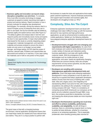 3
› Business agility and innovation can launch ships;
disruptive competition can sink them. To compete,
firms must offer innovative technology to engage
customers at speed-to-market, becoming more agile in
product and service delivery. Rapid innovation is now a
primary motivator for adopting new development
technologies. For example, among the reasons cited in a
recent Forrester survey of enterprise firms who use or
plan to use SaaS, the top five benefits cited all related to
business agility and speed (versus cost) (See Figure 2).
5
The ability to gather and analyze data in real time and
respond quickly and innovatively saves money and opens
the door to new opportunities. A major ship building firm
interviewed for this study is currently integrating project
management, materials management, and real-time
materials and process analysis to ensure the ships it
builds not only come in on budget, but are better,
stronger, and longer-lasting. Its CIO cited the power of
real-time, relevant data: Problems and opportunities are
discovered and worked on in real time, in one case cutting
the materials cost in half on one portion of the project.
The good news is that with a changing business
environment, internal application development teams that
can meet these needs are needed and more relevant than
ever before. They are in a unique position to partner with
the business to create the tools and applications that enable
great customer experiences, improve employee productivity,
and support rapid innovation and business agility. But
developers are struggling to keep up. Why?
Complexity, Silos Are The Culprit
Enterprise application development teams are faced with
challenges that make it difficult to keep up with the business
demand for new real-time and high-performance
applications, as well as enhancements to existing web and
mobile applications. Netted out, the following obstacles
have plagued enterprise application development teams for
years:
› Development teams struggle with ever-changing user
requirements with higher expectations. As users from
both employee and customer ranks demand more across
a wider variety of channels and interaction points,
business applications must cope with rapidly shifting
customer needs. With the emergence of new
technologies such as mobile devices or cloud
applications, end users’ needs are significantly changing.
While there are common themes, there are complex
requirements not only across industries, but also across
both processes and functions.
6
› Developers are wrestling with numerous
heterogeneous application development tools and
platforms. Given that large-scale enterprise application
development in many companies is over 40 years old, it
should be no surprise that today’s application developers
seldom (if ever) have the luxury of starting with a clean
slate. Silos are a legacy issue, and integrating and
standardizing efforts must solve for that, with mergers and
acquisitions only adding to the complexity. A steel and
mining company CIO said: “There’s no consistency of
computing across North America [in our company], as the
plants are all a collection acquired through M&A. Long
term, the company would like to standardize, but costs
and keeping the whole process stable are more important
right now.”
› Developers find themselves spending too much time
and effort to achieve availability, performance,
scalability, and adaptability. As with all things in
business, there is a diminishing marginal return on trying
to perfect all ideal attributes, whether for a business
process or an enterprise application. This is especially
problematic when handling growing data volumes for
FIGURE 2
Speed And Agility Have An Impact On Technology
Decisions
Base: 765 NA and EU software decision-makers whose firms plan to use
SaaS (1,000+ employees)
Source: ’Forrsights Software Survey, Q4 2013, Forrester Research, Inc.
“How important were the following beneﬁts in your
ﬁrm’s decision to use SaaS?”
(Important [4] and very important [5])
Improved business agility 75%
Speed of implementation
and deployment 72%
Faster delivery of new features
and functions from SaaS/
as-a-service providers
71%
Support business innovation
with new capabilities 69%
Allows us to focus resources
on more important projects 69%
Lower overall costs 68%
Ability to substitute upfront
costs with regular monthly
payments
53%
Agility
and
speed
Cost
 
