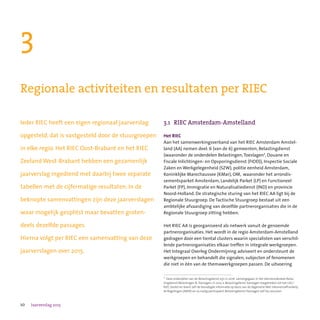 10 Jaarverslag 2015
Ieder RIEC heeft een eigen regionaal jaarverslag
opgesteld, dat is vastgesteld door de stuurgroepen
in elke regio. Het RIEC Oost-Brabant en het RIEC
Zeeland West-Brabant hebben een gezamenlijk
jaarverslag ingediend met daarbij twee separate
tabellen met de cijfermatige resultaten. In de
beknopte samenvattingen zijn deze jaarverslagen
waar mogelijk gesplitst maar bevatten groten-
deels dezelfde passages.
Hierna volgt per RIEC een samenvatting van deze
jaarverslagen over 2015.
3
Regionale activiteiten en resultaten per RIEC
3.1	 RIEC Amsterdam-Amstelland
Het RIEC
Aan het samenwerkingsverband van het RIEC Amsterdam Amstel-
land (AA) nemen deel: 6 (van de 6) gemeenten, Belastingdienst
(waaronder de onderdelen Belastingen,Toeslagen1, Douane en
Fiscale Inlichtingen- en Opsporingsdienst (FIOD)), Inspectie Sociale
Zaken en Werkgelegenheid (SZW), politie eenheid Amsterdam,
Koninklijke Marechaussee (KMar), OM,  waaronder het arrondis-
sementsparket Amsterdam, Landelijk Parket (LP) en Functioneel
Parket (FP), Immigratie en Naturalisatiedienst (IND) en provincie
Noord-Holland. De strategische sturing van het RIEC AA ligt bij de
Regionale Stuurgroep. De Tactische Stuurgroep bestaat uit een
ambtelijke afvaardiging van dezelfde partnerorganisaties die in de
Regionale Stuurgroep zitting hebben.
Het RIEC AA is georganiseerd als netwerk vanuit de genoemde
partnerorganisaties. Het wordt in de regio Amsterdam-Amstelland
gedragen door een tiental clusters waarin specialisten van verschil-
lende partnerorganisaties elkaar treffen in integrale werkgroepen.
Het Integraal Overleg Ondermijning adviseert en ondersteunt de
werkgroepen en behandelt die signalen, subjecten of fenomenen
die niet in één van de themawerkgroepen passen. De uitvoering
1 Deze onderdelen van de Belastingdienst zijn in 2016 samengegaan in het dienstonderdeel Belas-
tingdienst/Belastingen & Toeslagen. In 2015 is Belastingdienst Toeslagen toegetreden tot het LIEC/
RIEC-bestel en levert zelf de benodigde informatie op basis van de Algemene Wet Inkomensafhankelij-
ke Regelingen (AWIR) en zo nodig participeert Belastingdienst Toeslagen zelf bij casussen.
 