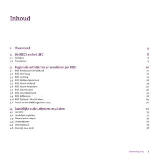 3Jaarverslag 2015
Inhoud
1.	 Voorwoord	 4
2.	 De RIEC’s en het LIEC	 8
2.1	 De Taken	 8
2.2	 Prioriteiten	 9
3.	 Regionale activiteiten en resultaten per RIEC	 10
3.1	 RIEC Amsterdam-Amstelland	 10
3.2	 RIEC Den Haag	 16
3.3	 RIEC Limburg	 22
3.4	 RIEC Midden-Nederland	 28
3.5	 RIEC Noord-Holland	 34
3.6	 RIEC Noord-Nederland	 40
3.7	 RIEC Oost-Brabant	 46
3.8	 RIEC Oost-Nederland	 52
3.9	 RIEC Rotterdam	 58
3.10	 RIEC Zeeland - West-Brabant	 64
3.11	 Trends en ontwikkelingen over 2015	 70
4.	 Landelijke activiteiten en resultaten	 72
4.1	 Het LIEC	 72
4.2	 Landelijke trajecten	 72
4.3	 Thematische aanpak	 74
4.4	 Ondersteunen	 76
4.5	 Internationaal	 77
4.6	 Doorkijk naar 2016	 78
 