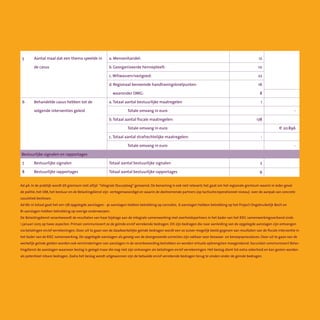 Ad 4A: In de praktijk wordt dit gremium niet altijd  “Integrale Stuurploeg” genoemd. De benaming is ook niet relevant; het gaat om het regionale gremium waarin in ieder geval
de politie, het OM, het bestuur en de Belastingdienst zijn  vertegenwoordigd en waarin de deelnemende partners (op tactische/operationeel niveau)  over de aanpak van concrete
casuïstiek beslissen.
Ad 6b: In totaal gaat het om 178 opgelegde aanslagen: · 91 aanslagen hebben betrekking op cannabis,  6 aanslagen hebben betrekking op het Project Ongebruikelijk Bezit en
81 aanslagen hebben betrekking op overige onderwerpen.
De Belastingdienst verantwoordt de resultaten van haar bijdrage aan de integrale samenwerking met overheidspartners in het kader van het RIEC samenwerkingsverband sinds
1 januari 2015 op twee aspecten. Primair communiceert ze de geïnde en/of verrekende bedragen. Dit zijn bedragen die naar aanleiding van de opgelegde aanslagen zijn ontvangen
via betalingen en/of verrekeningen. Door uit te gaan van de daadwerkelijke geïnde bedragen wordt een zo zuiver mogelijk beeld gegeven van resultaten van de fiscale interventie in
het kader van de RIEC samenwerking. De opgelegde aanslagen als gevolg van de doorgevoerde correcties zijn vatbaar voor bezwaar- en beroepsprocedures. Door uit te gaan van de
werkelijk geïnde gelden worden ook verminderingen van aanslagen in de verantwoording betrokken en worden virtuele opbrengsten meegerekend. Secundair communiceert Belas-
tingdienst de aanslagen waarvoor beslag is gelegd maar die nog niet zijn ontvangen als betalingen en/of verrekeningen. Het beslag dient tot extra zekerheid en kan gezien worden
als potentieel inbare bedragen. Zodra het beslag wordt uitgewonnen zijn de betaalde en/of verrekende bedragen terug te vinden onder de geinde bedragen.
5 Aantal maal dat een thema speelde in
de casus
a. Mensenhandel: 35
b. Georganiseerde hennepteelt: 2
c.Witwassen/vastgoed: 30
d. Regionaal benoemde handhavingsknelpunten:
     waaronder OMG:
53
5
6 Behandelde casussen hebben tot de
volgende interventies geleid
Totale omvang in euro
b.Totaal aantal fiscale maatregelen: 14
Totale omvang in euro
c.Totaal aantal strafrechtelijke maatregelen:
€1.249.560
2
Bestuurlijke dossiers en rapportages
7 Bestuurlijke signalen                Totale omvang in euro 0
8 Bestuurlijke rapportages Totaal aantal bestuurlijke rapportages 0
Bestuurlijke signalen en rapportages
5
6
7
8
Aantal maal dat een thema speelde in
de casus
Behandelde casus hebben tot de
volgende interventies geleid
Bestuurlijke signalen
Bestuurlijke rapportages
12
10
22
16
8
1
178
-
2
9
-
e 20.896
-
a. Mensenhandel:
b. Georganiseerde hennepteelt:
c.Witwassen/vastgoed:
d. Regionaal benoemde handhavingsknelpunten:
    waaronder OMG:
a.Totaal aantal bestuurlijke maatregelen
	 	 Totale omvang in euro
b.Totaal aantal fiscale maatregelen:
	 	 Totale omvang in euro
c.Totaal aantal strafrechtelijke maatregelen:
	 	 Totale omvang in euro
Totaal aantal bestuurlijke signalen
Totaal aantal bestuurlijke rapportages
 