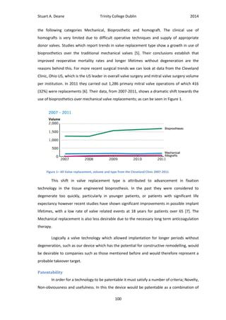 Stuart A. Deane Trinity College Dublin 2014
100
the following categories Mechanical, Bioprosthetic and homograft. The clinical use of
homografts is very limited due to difficult operative techniques and supply of appropriate
donor valves. Studies which report trends in valve replacement type show a growth in use of
bioprosthetics over the traditional mechanical valves [5]. Their conclusions establish that
improved reoperative mortality rates and longer lifetimes without degeneration are the
reasons behind this. For more recent surgical trends we can look at data from the Cleveland
Clinic, Ohio US, which is the US leader in overall valve surgery and mitral valve surgery volume
per institution. In 2011 they carried out 1,286 primary mitral valve operations of which 416
(32%) were replacements [6]. Their data, from 2007-2011, shows a dramatic shift towards the
use of bioprosthetics over mechanical valve replacements; as can be seen in Figure 1.
This shift in valve replacement type is attributed to advancement in fixation
technology in the tissue engineered bioprosthesis. In the past they were considered to
degenerate too quickly, particularly in younger patients, or patients with significant life
expectancy however recent studies have shown significant improvements in possible implant
lifetimes, with a low rate of valve related events at 18 years for patients over 65 [7]. The
Mechanical replacement is also less desirable due to the necessary long term anticoagulation
therapy.
Logically a valve technology which allowed implantation for longer periods without
degeneration, such as our device which has the potential for constructive remodelling, would
be desirable to companies such as those mentioned before and would therefore represent a
probable takeover target.
Patentability
In order for a technology to be patentable it must satisfy a number of criteria; Novelty,
Non-obviousness and usefulness. In this the device would be patentable as a combination of
Figure 1– All Valve replacement, volume and type from the Cleveland Clinic 2007-2011
 