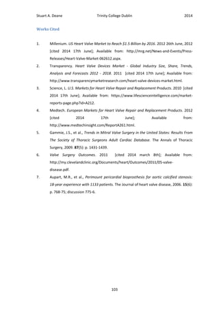 Stuart A. Deane Trinity College Dublin 2014
103
Works Cited
1. Millenium. US Heart Valve Market to Reach $1.5 Billion by 2016. 2012 26th June, 2012
[cited 2014 17th June]; Available from: http://mrg.net/News-and-Events/Press-
Releases/Heart-Valve-Market-062612.aspx.
2. Transparency. Heart Valve Devices Market - Global Industry Size, Share, Trends,
Analysis and Forecasts 2012 - 2018. 2011 [cited 2014 17th June]; Available from:
http://www.transparencymarketresearch.com/heart-valve-devices-market.html.
3. Science, L. U.S. Markets for Heart Valve Repair and Replacement Products. 2010 [cited
2014 17th June]; Available from: https://www.lifescienceintelligence.com/market-
reports-page.php?id=A212.
4. Medtech. European Markets for Heart Valve Repair and Replacement Products. 2012
[cited 2014 17th June]; Available from:
http://www.medtechinsight.com/ReportA261.html.
5. Gammie, J.S., et al., Trends in Mitral Valve Surgery in the United States: Results From
The Society of Thoracic Surgeons Adult Cardiac Database. The Annals of Thoracic
Surgery, 2009. 87(5): p. 1431-1439.
6. Valve Surgery Outcomes. 2011 [cited 2014 march 8th]; Available from:
http://my.clevelandclinic.org/Documents/heart/Outcomes/2011/05-valve-
disease.pdf.
7. Aupart, M.R., et al., Perimount pericardial bioprosthesis for aortic calcified stenosis:
18-year experience with 1133 patients. The Journal of heart valve disease, 2006. 15(6):
p. 768-75; discussion 775-6.
 
