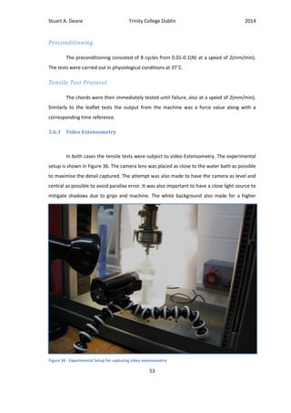 Stuart A. Deane Trinity College Dublin 2014
53
Preconditioning
The preconditioning consisted of 8 cycles from 0.01-0.1(N) at a speed of 2(mm/min).
The tests were carried out in physiological conditions at 37˚C.
Tensile Test Protocol
The chords were then immediately tested until failure, also at a speed of 2(mm/min).
Similarly to the leaflet tests the output from the machine was a force value along with a
corresponding time reference.
3.6.3 Video Extensometry
In both cases the tensile tests were subject to video Extensometry. The experimental
setup is shown in Figure 36. The camera lens was placed as close to the water bath as possible
to maximise the detail captured. The attempt was also made to have the camera as level and
central as possible to avoid parallax error. It was also important to have a close light source to
mitigate shadows due to grips and machine. The white background also made for a higher
Figure 36 - Experimental Setup for capturing video extensometry
 