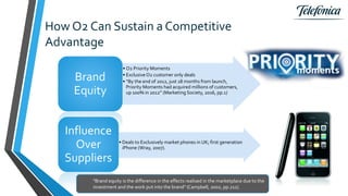How O2 Can Sustain a Competitive
Advantage
• O2 Priority Moments
• ExclusiveO2 customer only deals
• “By the end of 2012, just 18 months from launch,
Priority Moments had acquired millions of customers,
up 100% in 2012” (Marketing Society, 2016, pp.1)
Brand
Equity
• Deals to Exclusively market phones in UK; first generation
iPhone (Wray, 2007).
Influence
Over
Suppliers
"Brand equity is the difference in the effects realised in the marketplace due to the
investment and the work put into the brand" (Campbell, 2002, pp.211).
 