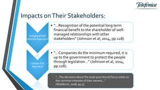 Impacts onTheir Stakeholders:
Enlighted Self
InterestApproach
• “…Recognition of the potential long term
financial benefit to the shareholder of well-
managed relationships with other
stakeholders” (Johnson et al, 2014, pp.128)
Lassiez-Fair
Approach
• “…Companies do the minimum required, it is
up to the government to protect the people
through legislation…” (Johnson et al, 2014,
pp.128).
“…The decisions about the asset pool should focus solely on
the common interests of their owners…”
(Waldkirch, 2008, pp.5)
 