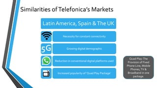 Latin America, Spain &The UK
Necessity for constant connectivity
Growing digital demographic
Reduction in conventional digital platforms used
Increased popularity of ‘Quad Play Package’
Similarities ofTelefonica’s Markets
Quad Play:The
Provision of Fixed
Phone Line, Mobile
Phones,TV &
Broadband in one
package.
 