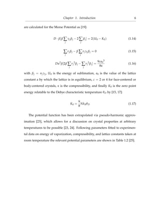 Chapter 1. Introduction 6
are calculated for the Morse Potential as [19]:
D · β[β ∑
j
γjβj − 2 ∑
j
βj] = 2(U0 − K0) (1.14)
∑
j
rjβj − β ∑
j
rjγjβj = 0 (1.15)
Dα2
β[2β ∑
j
rj
2
βj − ∑
j
rj
2
βj] =
9ca0
3
8κ
(1.16)
with βj = njγj, U0 is the energy of sublimation, a0 is the value of the lattice
constant a by which the lattice is in equilibrium, c = 2 or 4 for face-centered or
body-centered crystals, κ is the compressibility, and ﬁnally K0 is the zero point
energy relatable to the Debye characteristic temperature θD by [15, 17]:
K0 =
9
8
NkBθD (1.17)
The potential function has been extrapolated via pseudo-harmonic approx-
imation [23], which allows for a discussion on crystal properties at arbitrary
temperatures to be possible [23, 24]. Following parameters ﬁtted to experimen-
tal data on energy of vaporization, compressibility, and lattice constants taken at
room temperature the relevant potential parameters are shown in Table 1.2 [25].
 