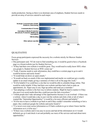 media production. Seeing as there is no dominate area of emphasis, Student Services needs to
provide an array of services catered to each major.
QUALITATIVE
Focus group participants expressed the necessity for a website strictly for Murrow Student
Services:
• One participant said, “If I do want to find something out, it would be good to have a Facebook
page or a forum/website just for Student Services.”
• “If they had their own website it would be great. They would need to really know SEO, when
you google it, Student Services at WSU comes up.”
• “Yeah, if anyone needs to seek information, they could have a certain page to go to and it
would be known and easily found.”
• “It would help cut down on spam emails.”
• “It would cut back on emails if this was implemented and maybe we could just get a weekly
update in an email simply giving a summary of what is all on the page this week.”
• “It’d be helpful if we could have a site that we would be able to schedule things online. That
would be really helpful. If they had their own website and then had a link to make an
appointment, etc. Super easy to use; Sign up online and send you a reminder.”
• “Just adopting a website is the best way to inform students. Might be hard to market it if they
also post it on social media then they could just post the link everywhere.”
• “I think people don’t take advantage of the opportunities because it is an overload - if there was
a website where I could take a day to just visit the website and click a link or tab of what I
wanted like “Internship Opportunities” it would be a lot more efficient and helpful.”
• “It’d be nice to have a website to go back to and if they couldn’t remember something or lost a
paper, they could just google the website and easily found it.”
• “I’ve never even come across information so if I had a website to go to where I knew had the
information on it, it’d be nice.”
• “If there was a website and it was easy to access and had all the information on it I would
definitely go on it and check it out and probably use more of the services and read about more
opportunities.”
Page 21
 